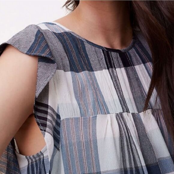 Loft Blue Plaid Rayon Sleeveless Ruffle Blouse - Picture 3 of 16